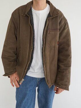 Tough Duck Brown Workwear Canvas Jacket Zip Front Quilted Lined Heavy Duty XL